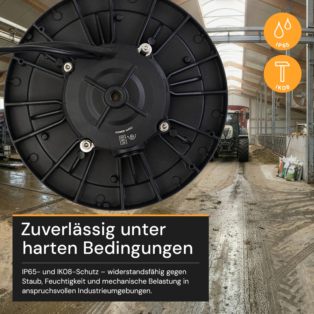 ENOVALITE LED-HighBay-Leuchte, UFO, 60...100 W, 4000 K, EEK: C, 9600...16000 lm, dimmbar, IP65, schwarz