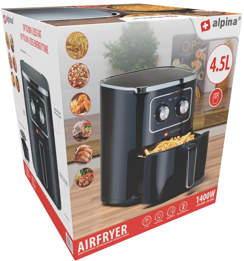 ALPINA Heißluftfritteuse 4,5L, 1400W, Timerfunktion, 1-4 Personen ALPINA Heißluftfritteuse 4,5L, 1400W, Timerfunktion, 1-4 Personen