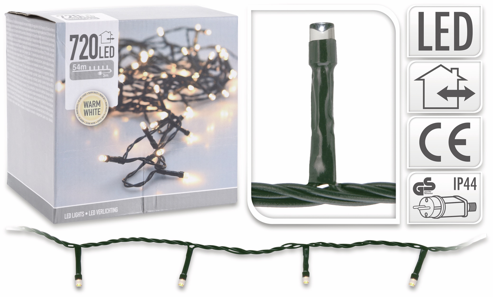 LED-Lichterkette, 720 LEDs, warmweiß, 230V~, IP44, Innen/Außen, grün