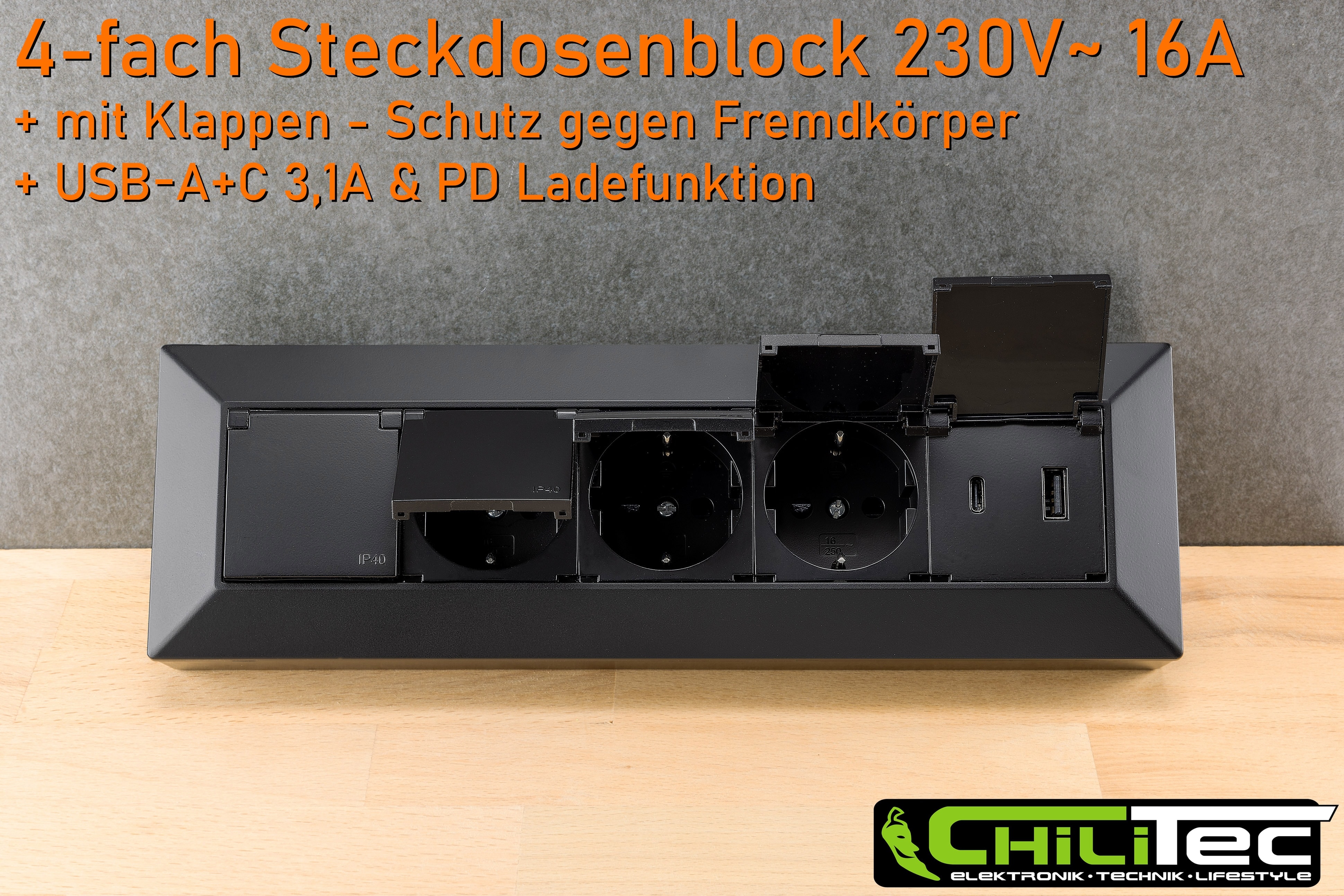CHILITEC Steckdosenblock 23963, 4-fach, mit Schutzklappen, USB-A+C, schwarz