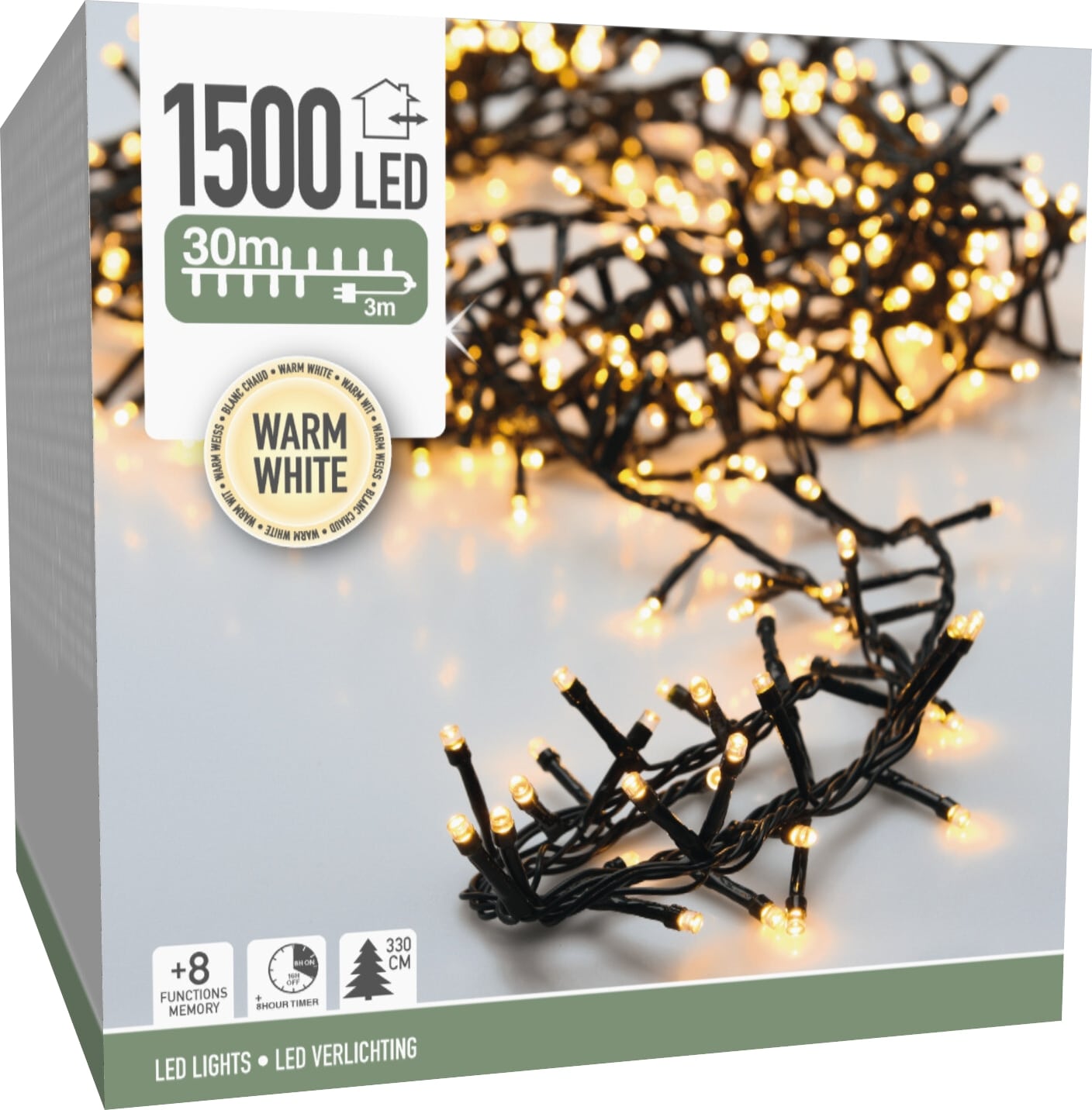 LED-Clusterlichterkette warmweiß, 1500 LEDs, Grünes Kabel, Innen/Außen, 33m KOOPMAN LED-Clusterlichterkette warmweiß, 1500 LEDs, Grünes Kabel, Innen/Außen, 33m