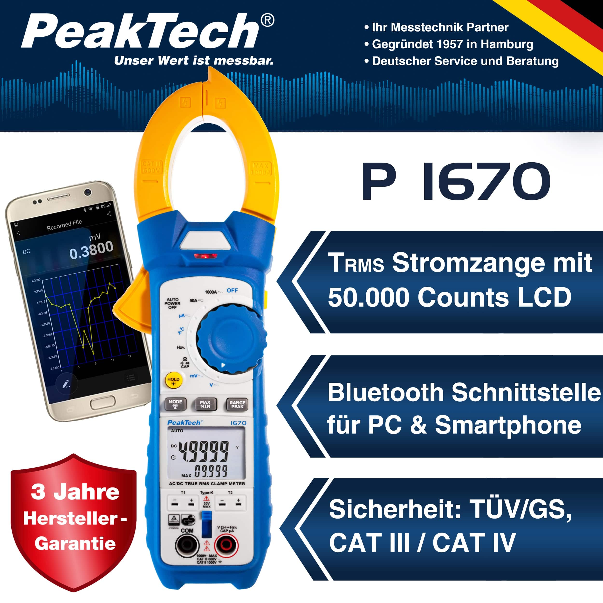 PEAKTECH True RMS Stromzange, P 1670, 1000 A AC/ DC, Bluetooth