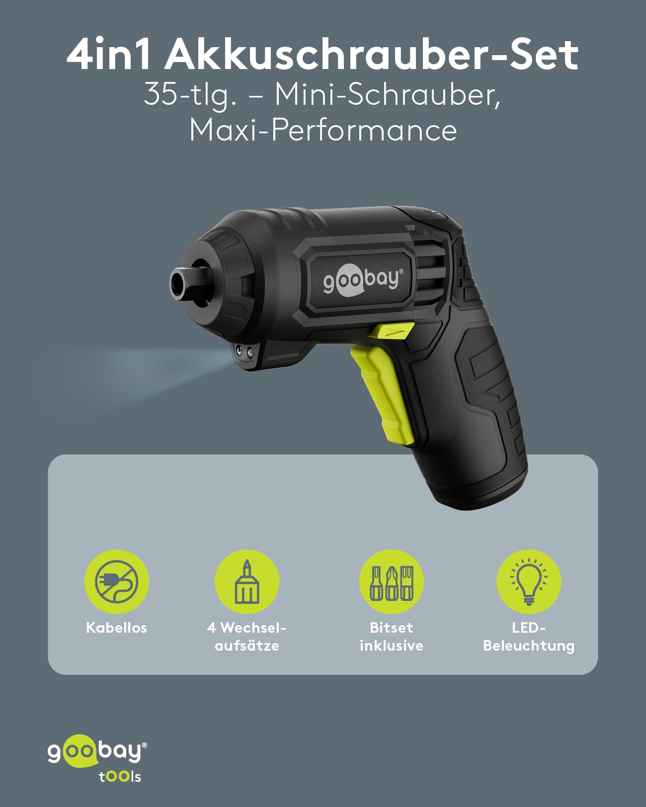 GOOBAY TOOLS 4in1 Mini-Akkuschrauber-Set, 77817, 35-teilig