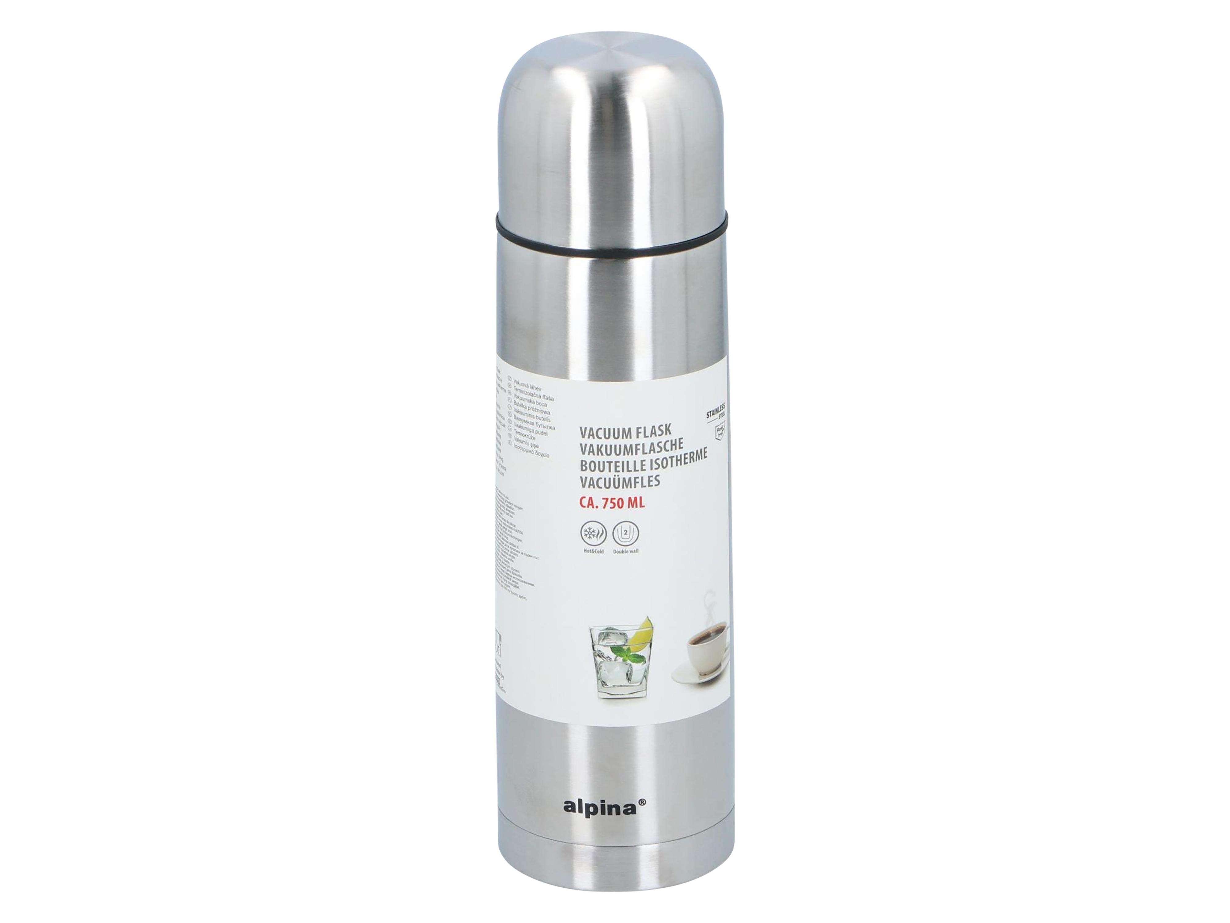 ALPINA Thermoskanne - Isolierkanne, Edelstahl, Doppelwand, mit Becher, 750ml