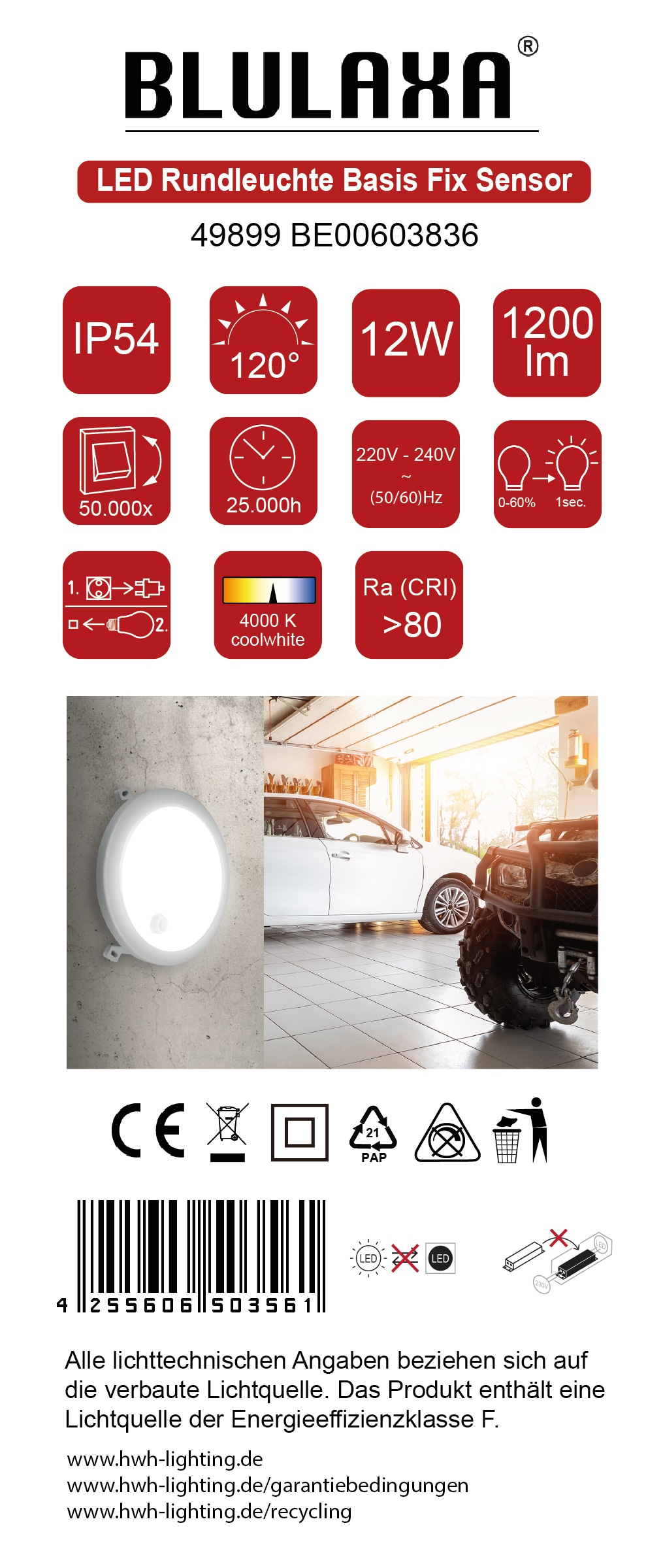 BLULAXA LED-Rund-Leuchte Basis Fix, IR-Sensor, 12W, 1200lm, 4000K, IP54