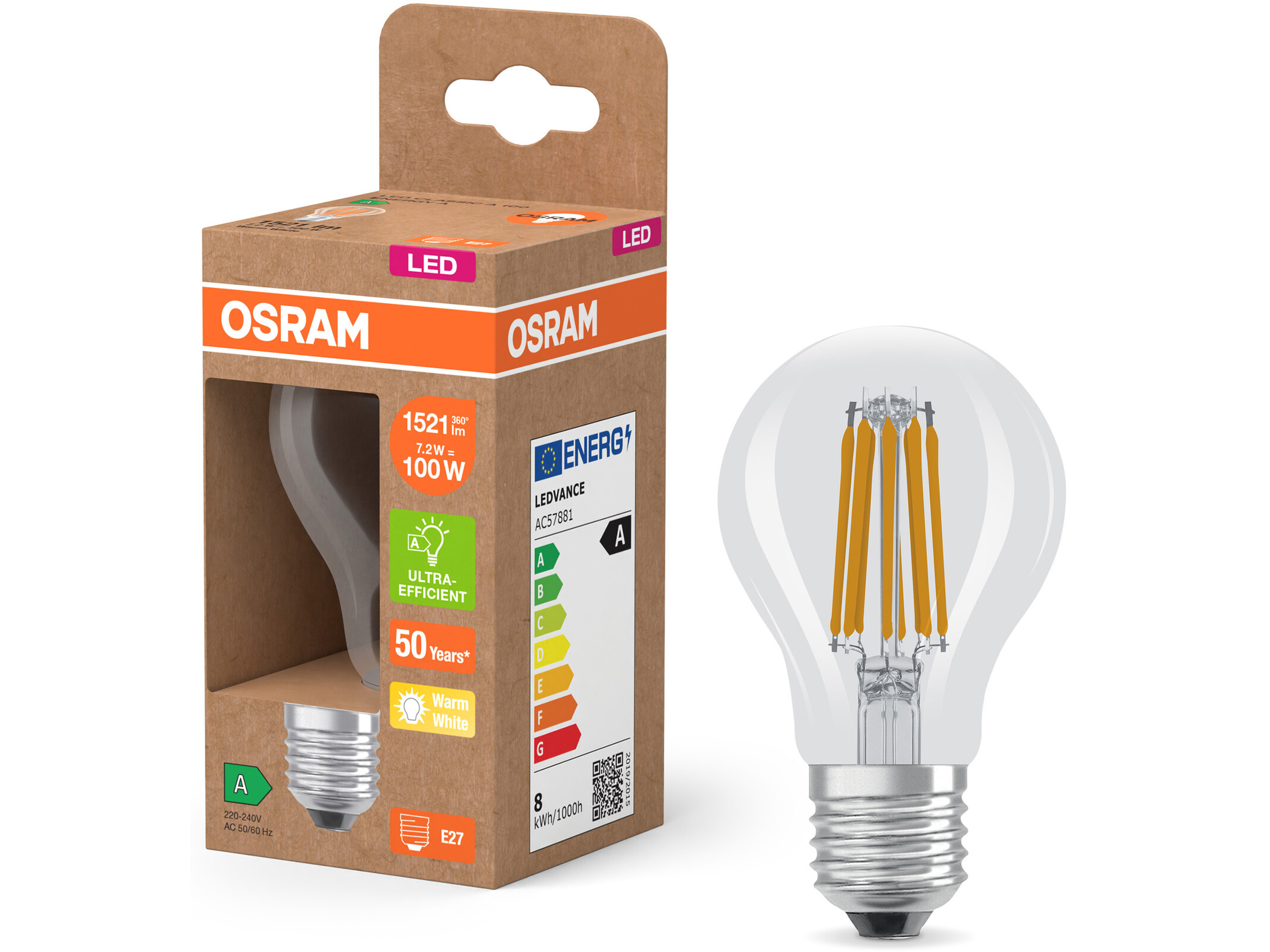 OSRAM LED-Lampe, Kolbenform, E27, 7,2 W, 2700 K, EEK: A, 1521 lm, warmweiß