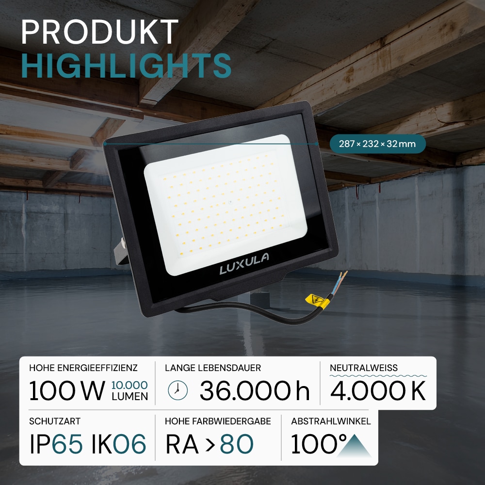 LUXULA LED-Fluter, EEK: F, 100W, 10000lm, 4000K, schwarz