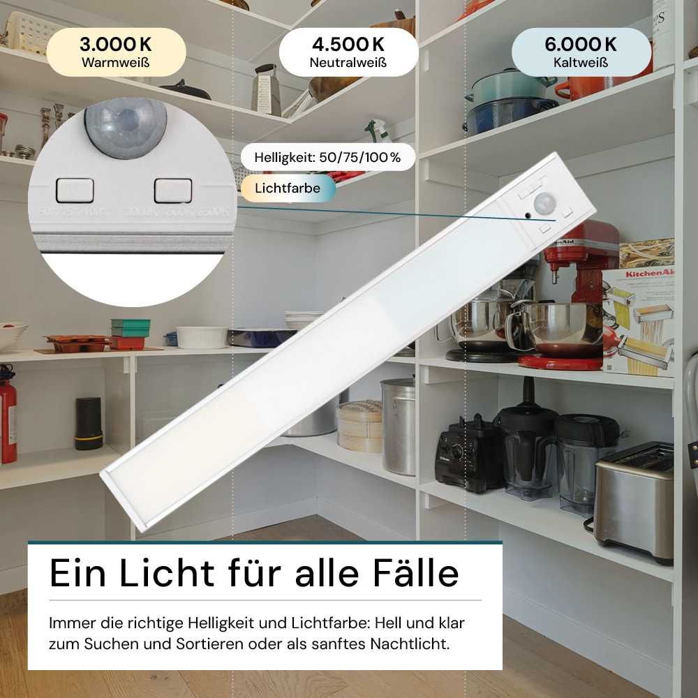 LUXULA LED-Schrankleuchte mit Bewegungsmelder, 2,96W, 850lm, CCT, IP20, silber, 30cm