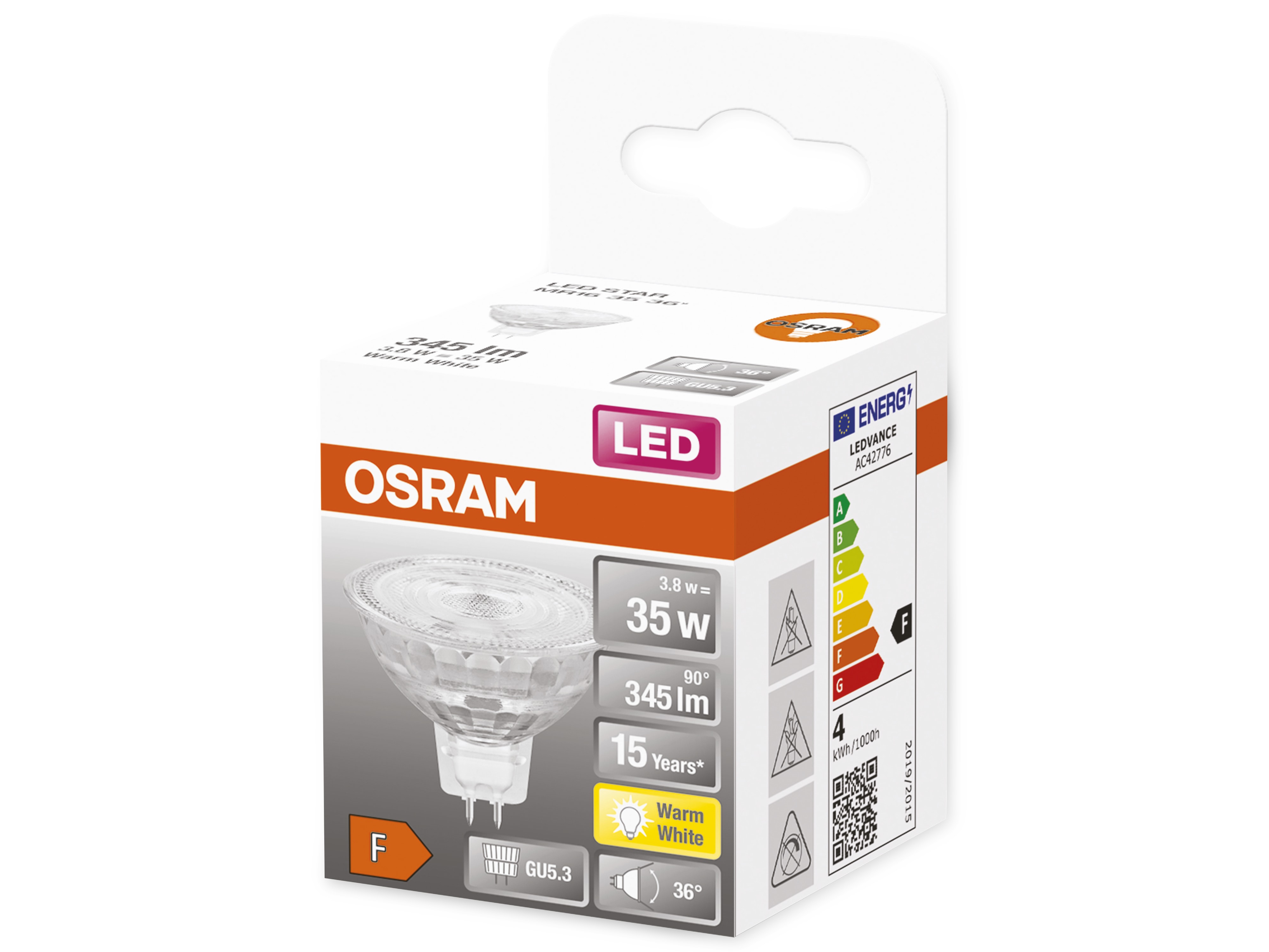 OSRAM LED-Lampe, PAR16, GU5.3, EEK: F, 3,8W, 345lm, 2700K