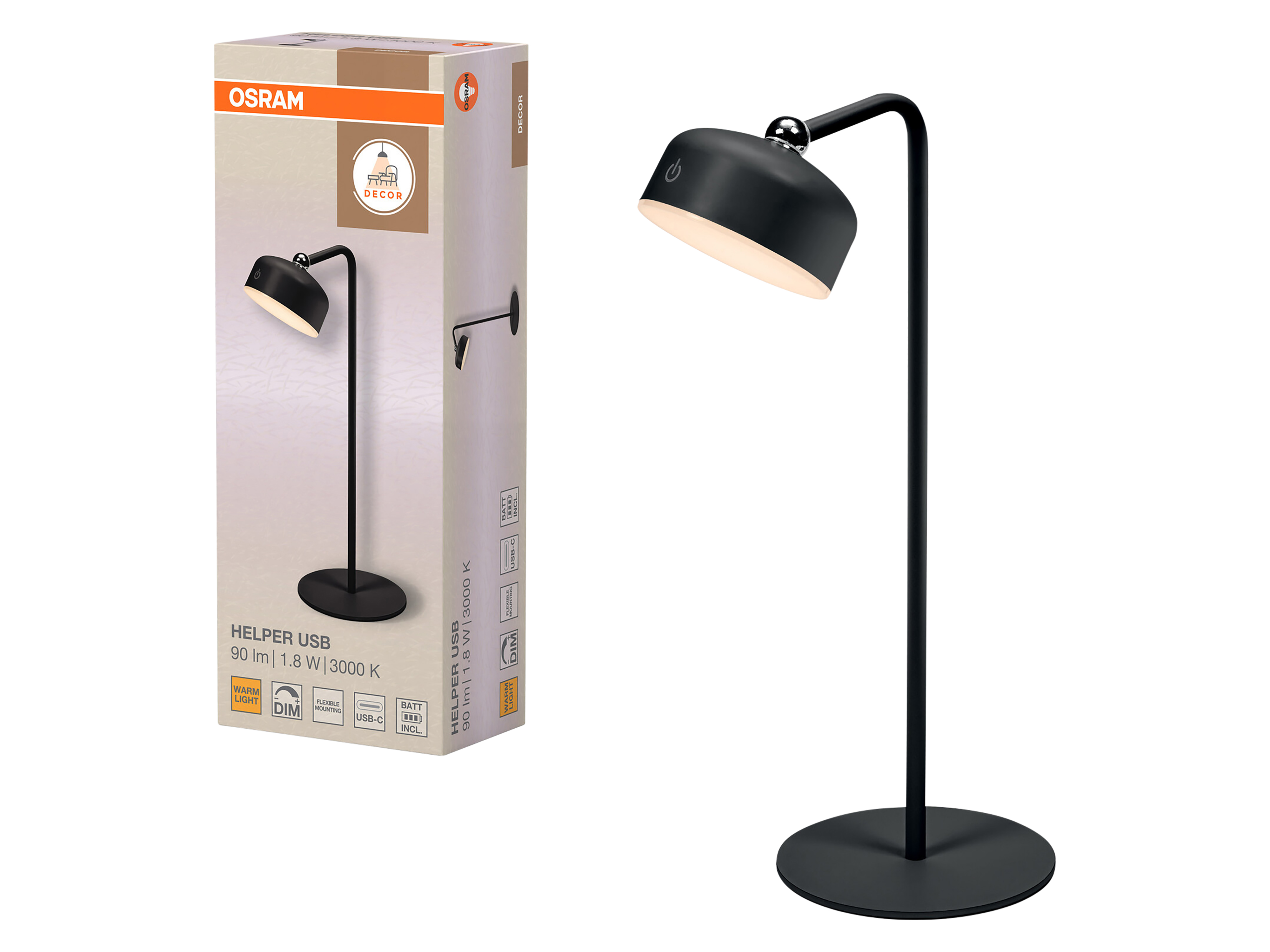 OSRAM LED-Tischleuchte, 1,8W, 3000K, 100lm, warmweiß, Dimmbar, IP20, schwarz