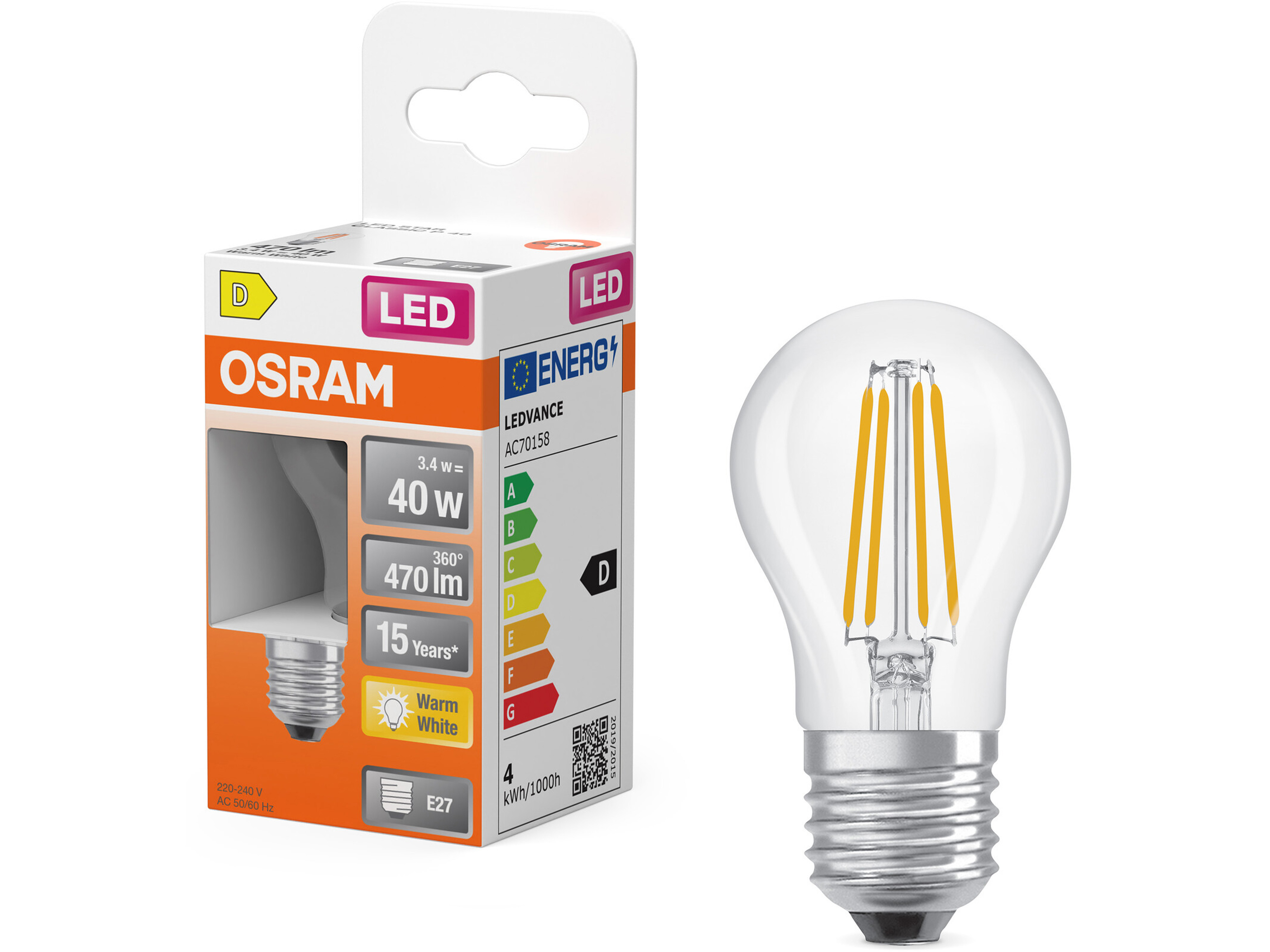 OSRAM LED-Lampe Retrofit, 3,4 W, E27, 2700 K, EEK: D, 470 lm, IP20, warmweiß