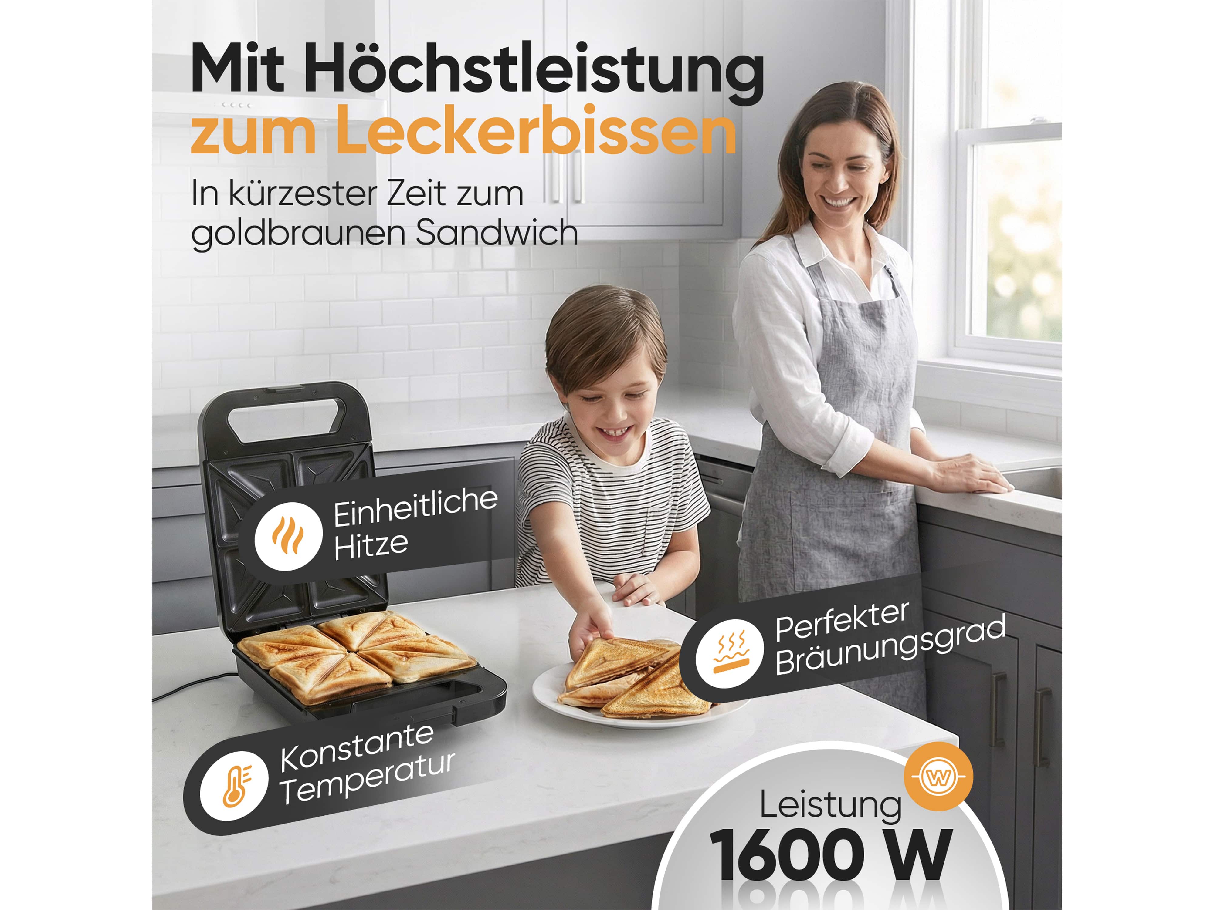 PROFICOOK Sandwichmaker PC-ST 1329, 4 Sandwiches, antihaftbeschichtet, 1600W