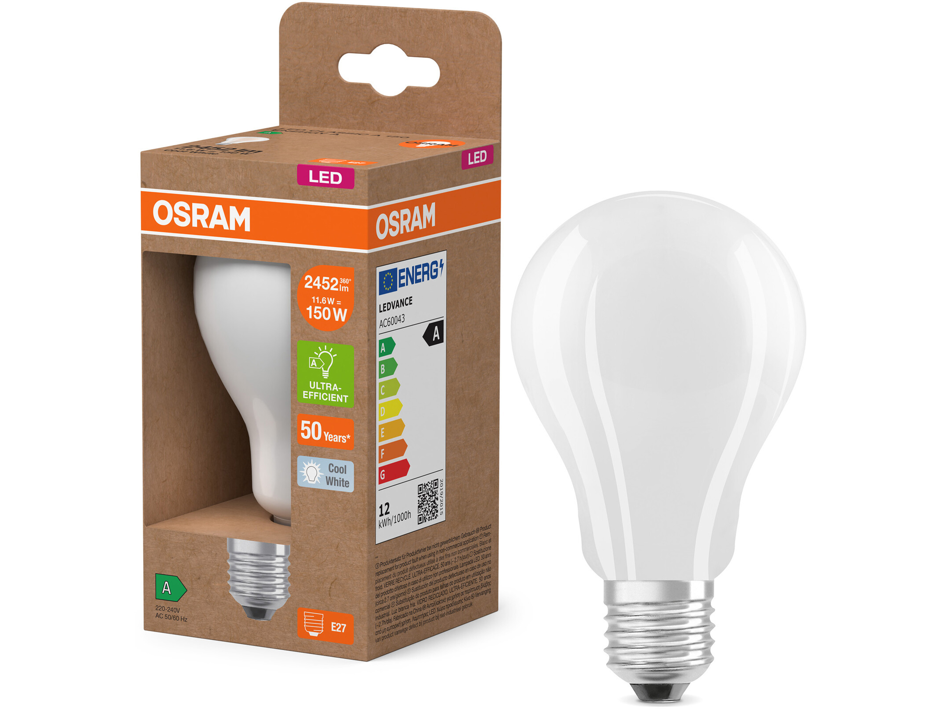 OSRAM LED-Lampe in Kolbenform, E27, 11,6W, 4000K, EEK: A, 2452lm, neutralwei