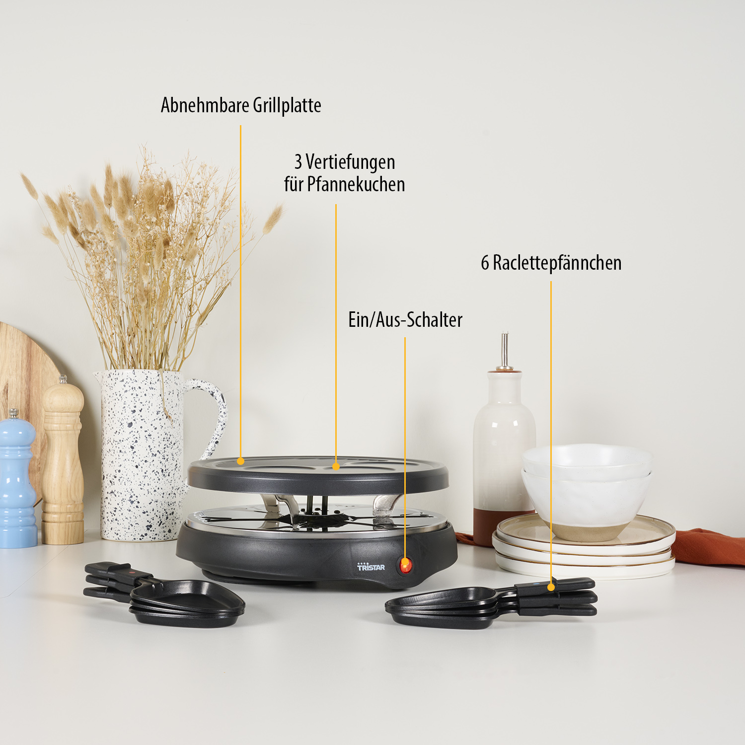 TRISTAR Raclette RA-2998, 6 Personen, 800 W, Grillplatte mit Crepe-Bereich