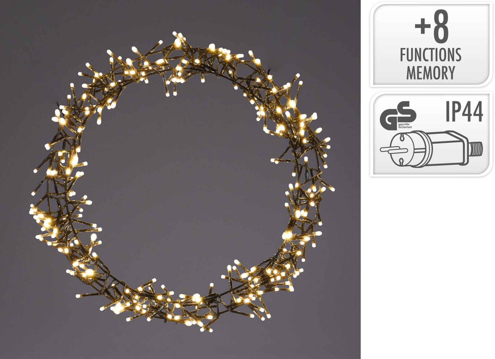 KOOPMAN LED-Kranz, Ø 38cm, IP44, warmweiß, Batteriebetrieben, 8 Funktionen