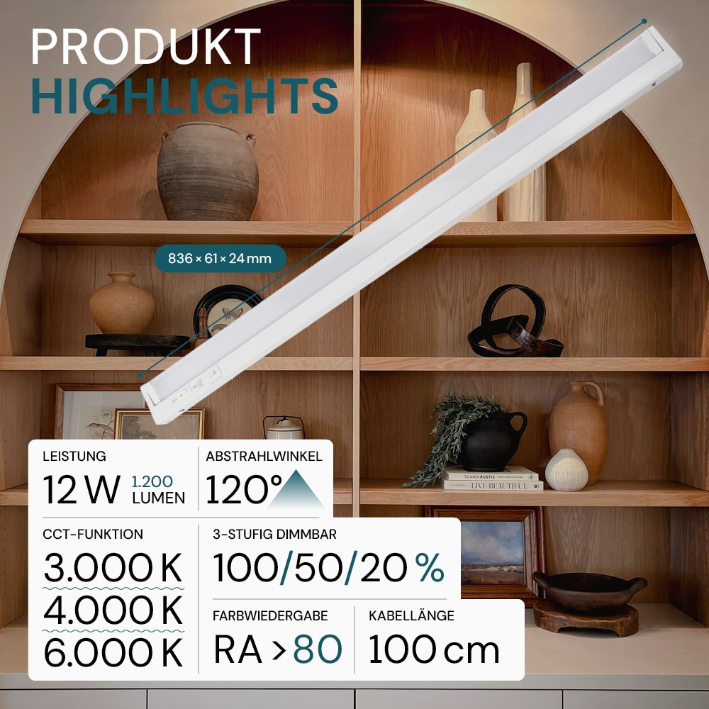 LUXULA LED-Unterbauleuchte, 12W, EEK: F, 1200lm, CCT, IP20, dimmbar, weiß, 84 cm
