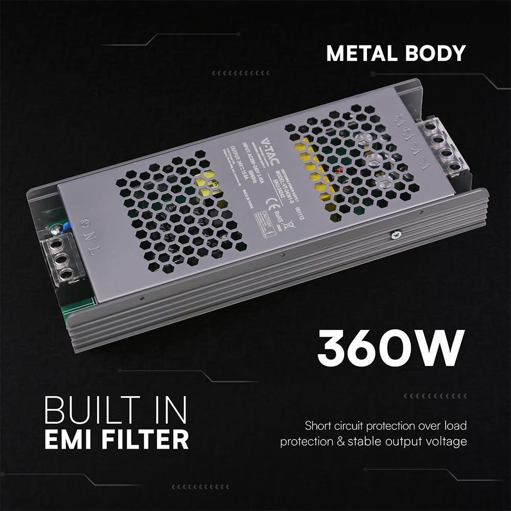 V-TAC Schaltnetzteil, VT-24242, 24V, 15A, 360W, IP20 V-TAC Schaltnetzteil, VT-24242, 24V, 15A, 360W, IP20