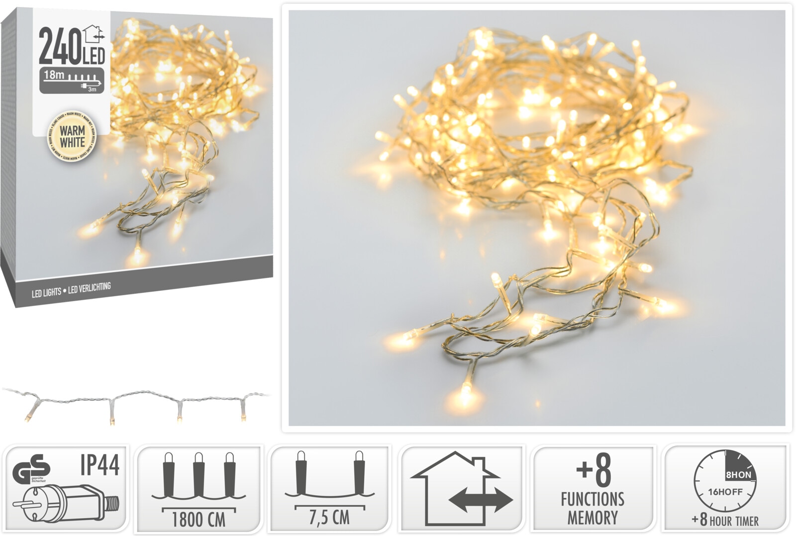 LED-Lichterkette warmweiß, 240 LEDs, transparentes Kabel, Innen/Außen, 21m KOOPMAN LED-Lichterkette warmweiß, 240 LEDs, transparentes Kabel, Innen/Außen, 21m