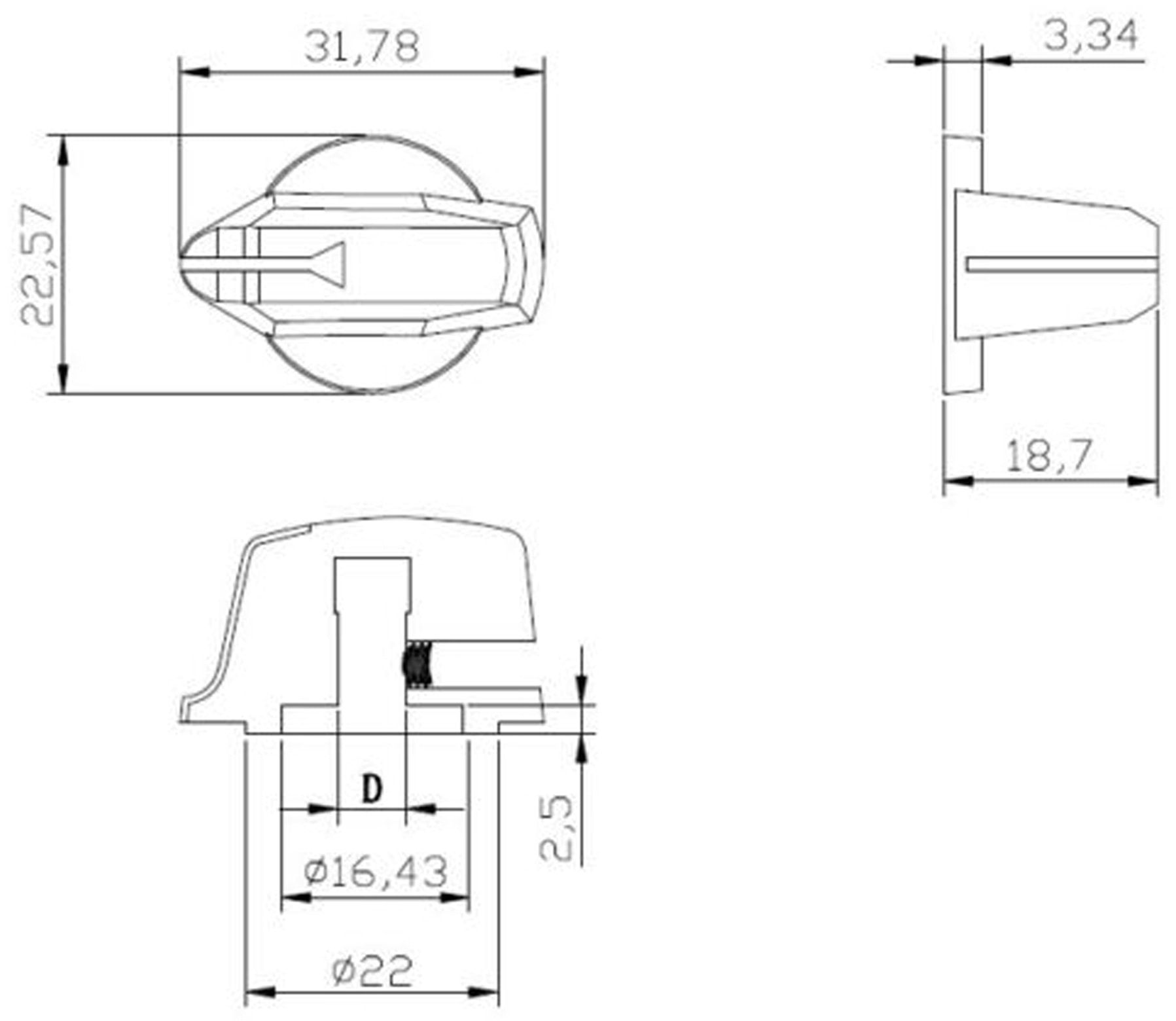Drehknopf, Ø23x19 mm, Achse Ø6 mm, Länge 32 mm Drehknopf, Ø23x19 mm, Achse Ø6 mm, Länge 32 mm