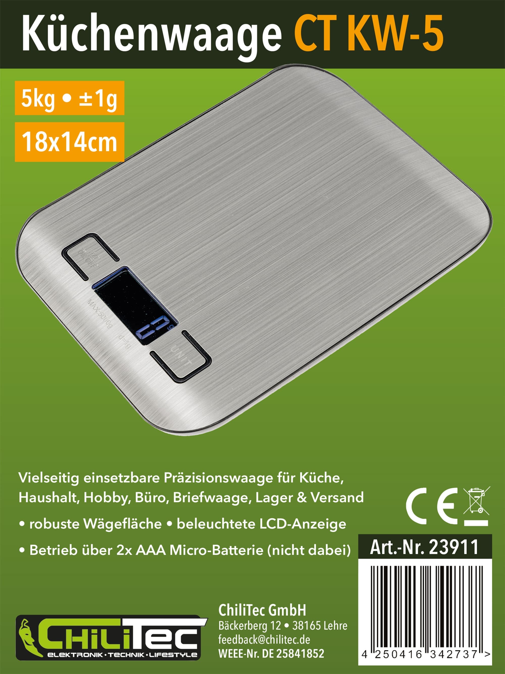 CHILITEC Digitale Küchenwaage CT KW-5, 0...5000 g, 180x140x20 mm, silber