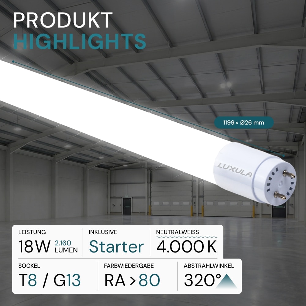LUXULA LED-Röhre 2160lm LX100820, T8, 4000K, 120lm/W, 18W, mit Brücke