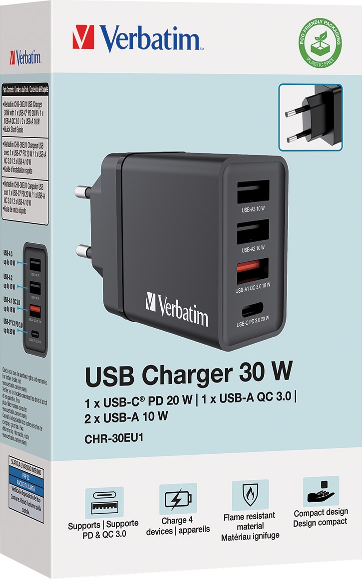 VERBATIM USB-Ladegerät 49700, 2x USB-A, 1x USB-A QC, 1x USB-C PD, sw VERBATIM USB-Ladegerät 49700, 2x USB-A, 1x USB-A QC, 1x USB-C PD, sw