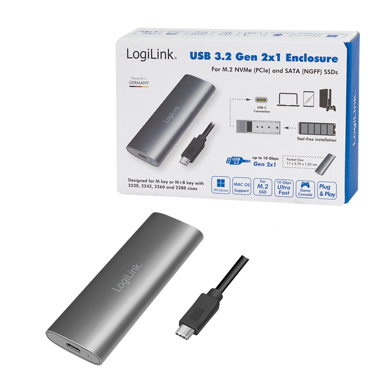 LOGILINK Festplattengehäuse UA0389, M.2 PCIe NVMe SSD,SATA SSDs, silber LOGILINK Festplattengehäuse UA0389, M.2 PCIe NVMe SSD,SATA SSDs, silber