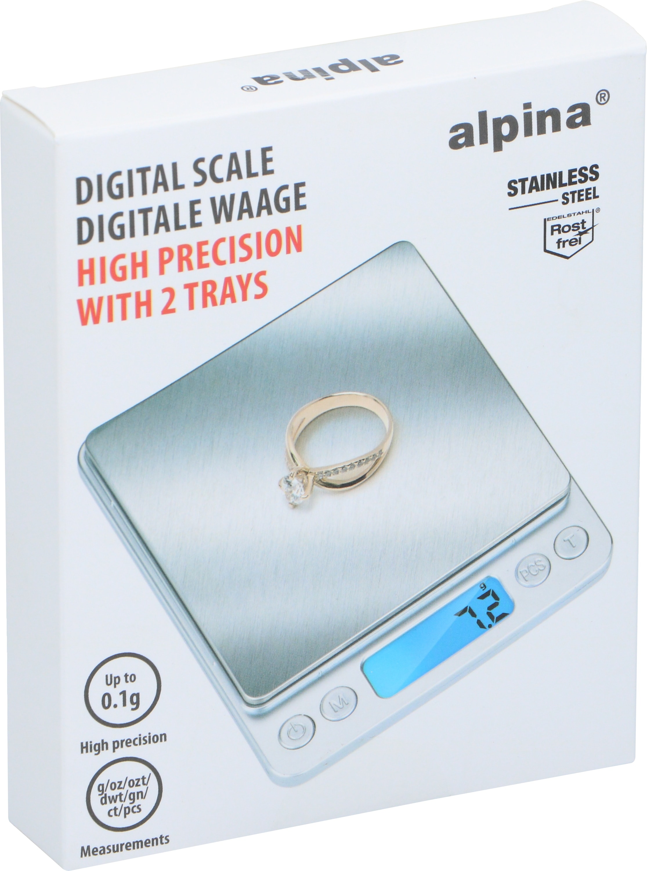 ALPINA Digitale Küchenwaage, Edelstahl, rostfrei, inkl. 2 Schalen