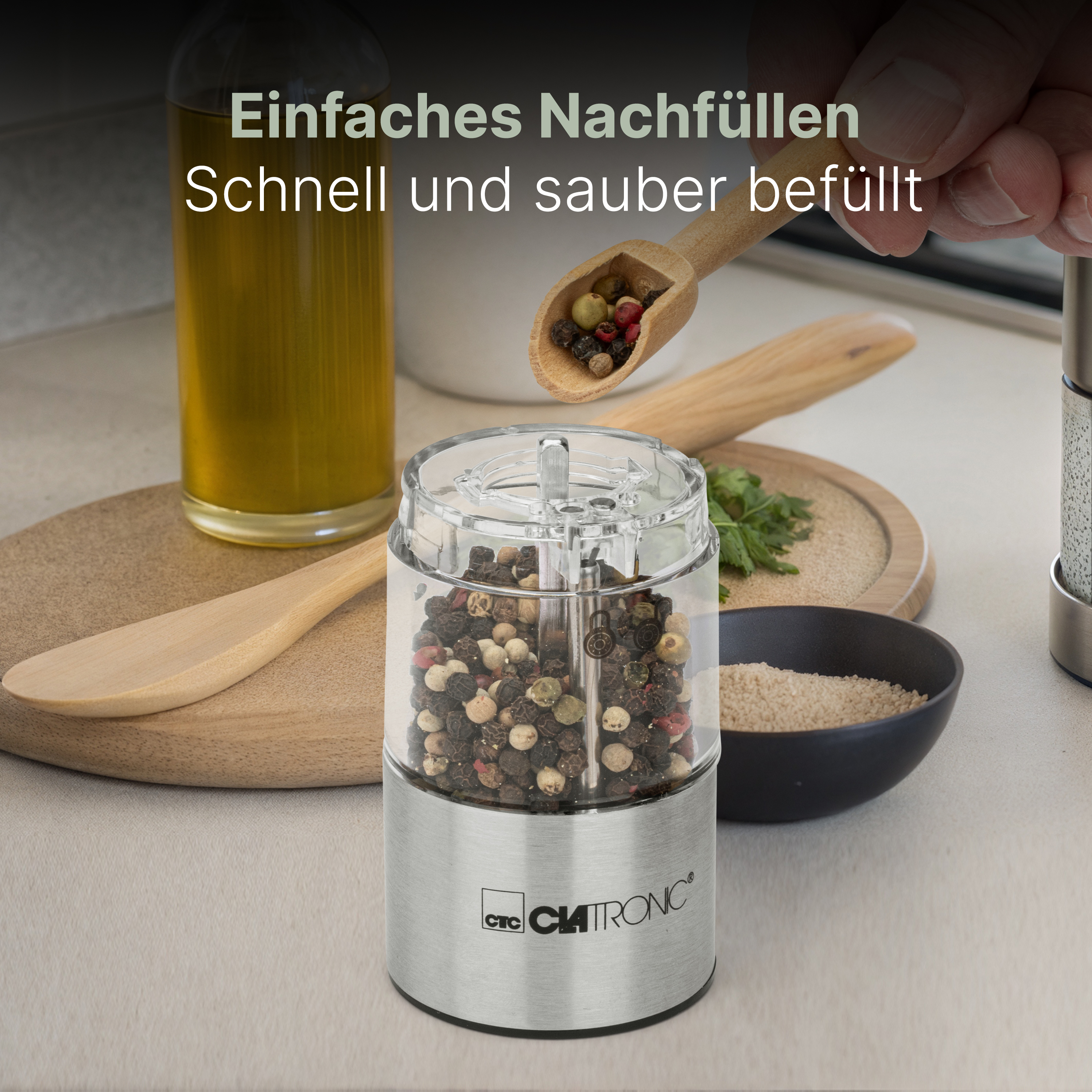 CLATRONIC Salz & Pfeffermühle PSM 3004 N, elektrisch, mit Licht, Karamik-Mahlwerk
