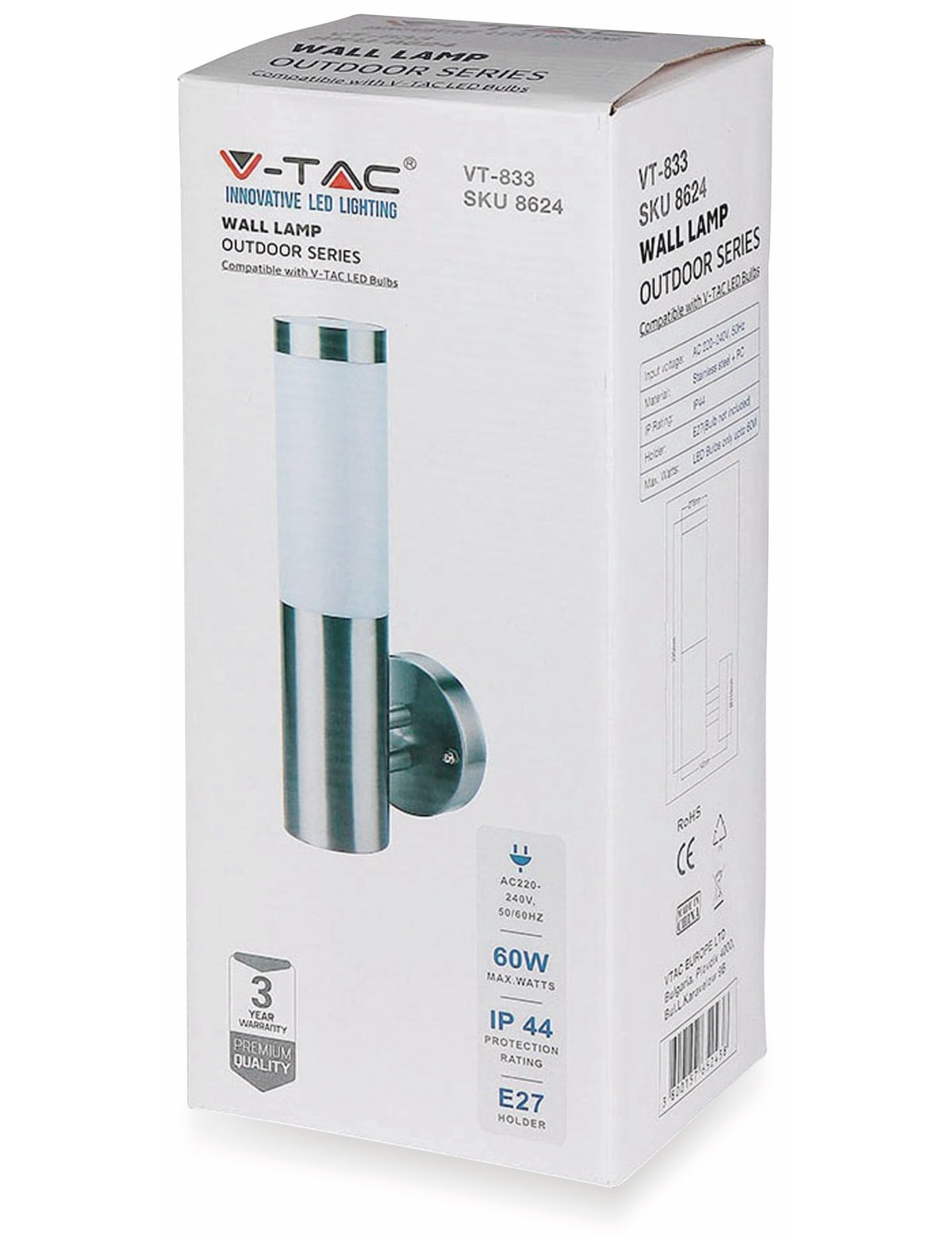 V-TAC Wandleuchte VT-833, IP44, E27, Edelstahl, VT-8624