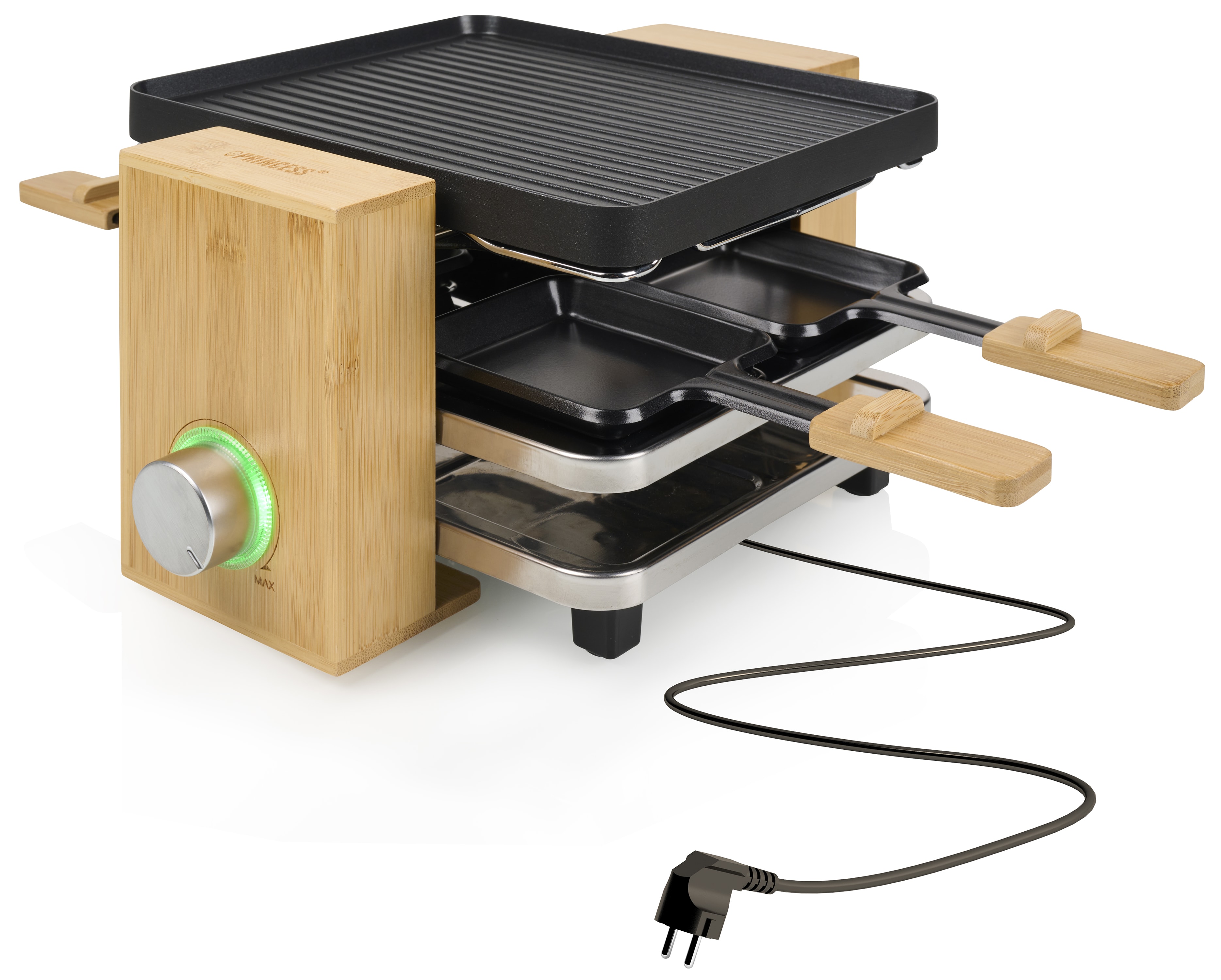 PRINCESS Raclette Pure 4, 800 W, Bambusgehäuse, 4 Pfännchen PRINCESS Raclette Pure 4, 800 W, Bambusgehäuse, 4 Pfännchen