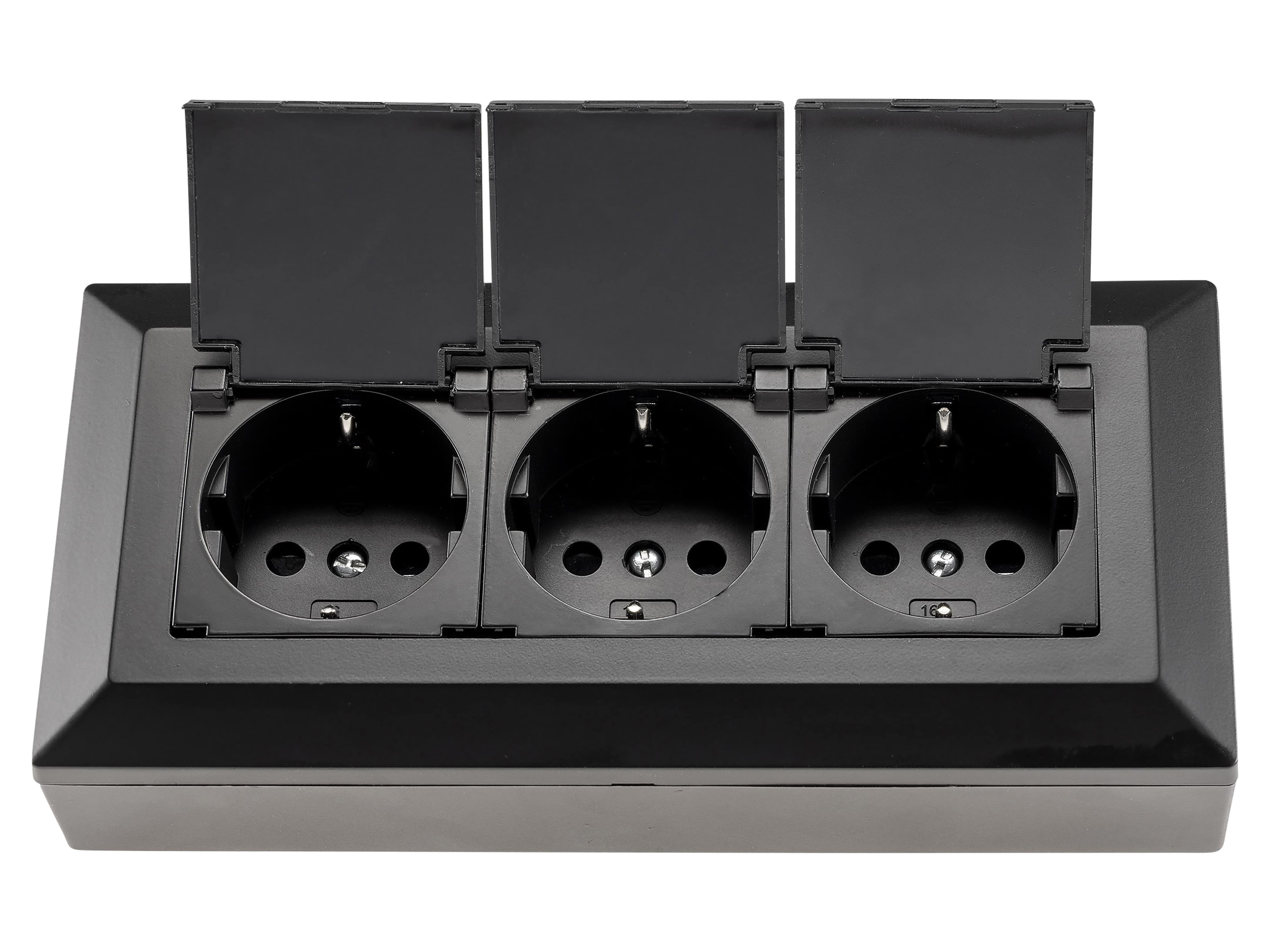 CHILITEC Steckdosenblock 23933, 3-fach, mit Schutzklappen, 250V/16A, schwarz