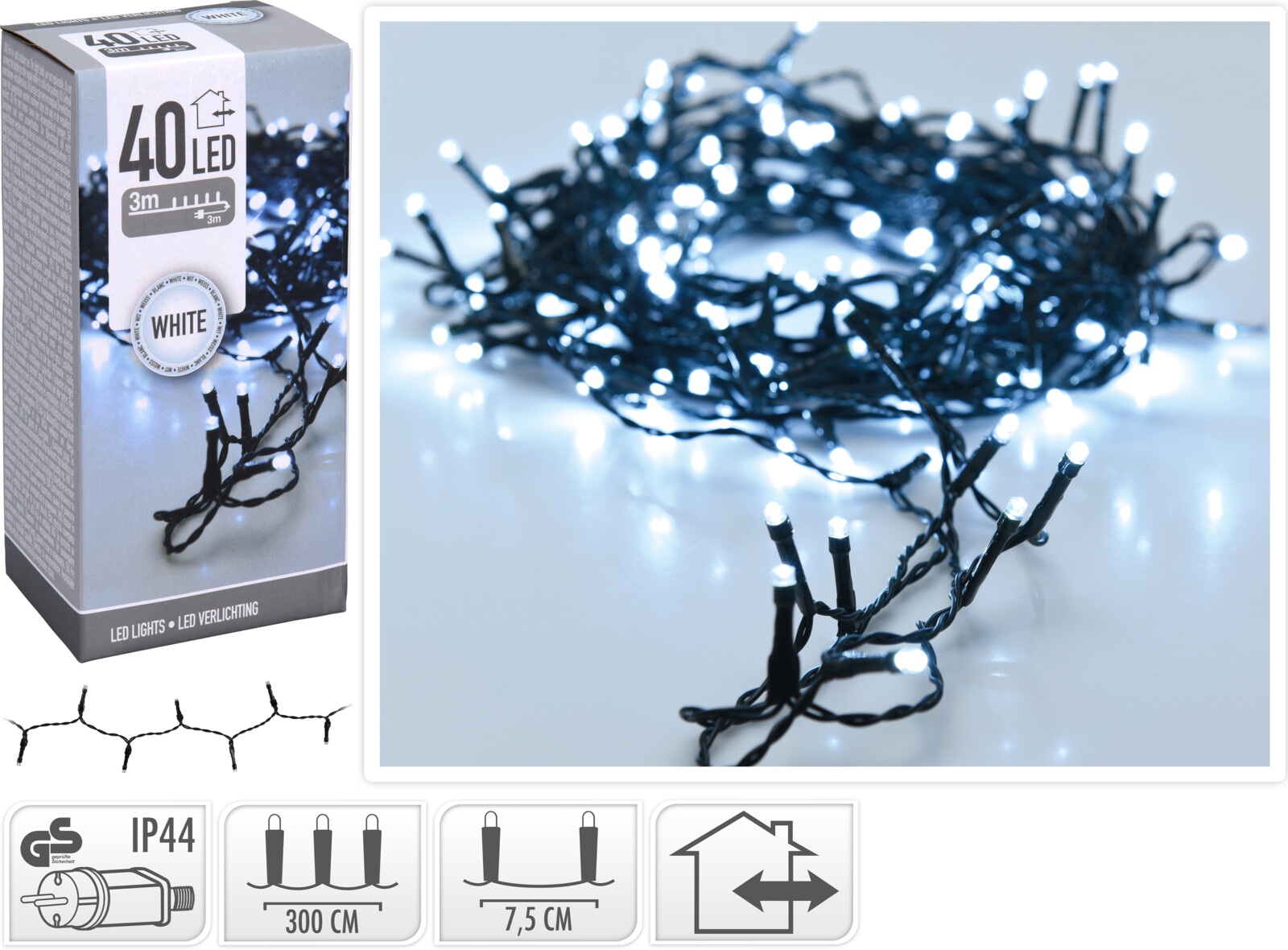 KOOPMAN LED-Lichterkette kaltweiß, 40 LEDs, Grünes Kabel, Innen/Außen, 6m