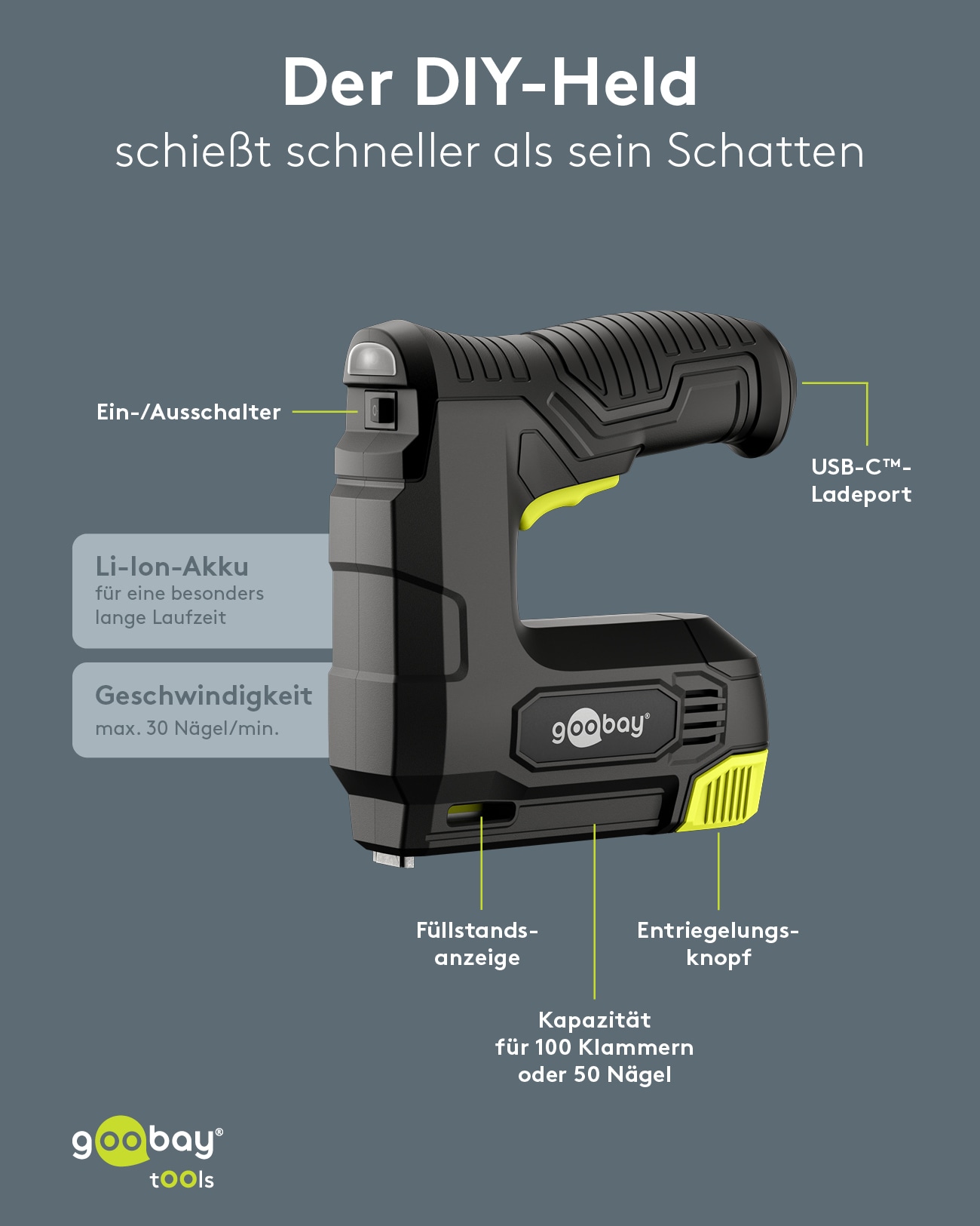 GOOBAY TOOLS 2in1 Akku-Tacker, 77819, mit 2.000 Tackernadeln und 500 Nägeln