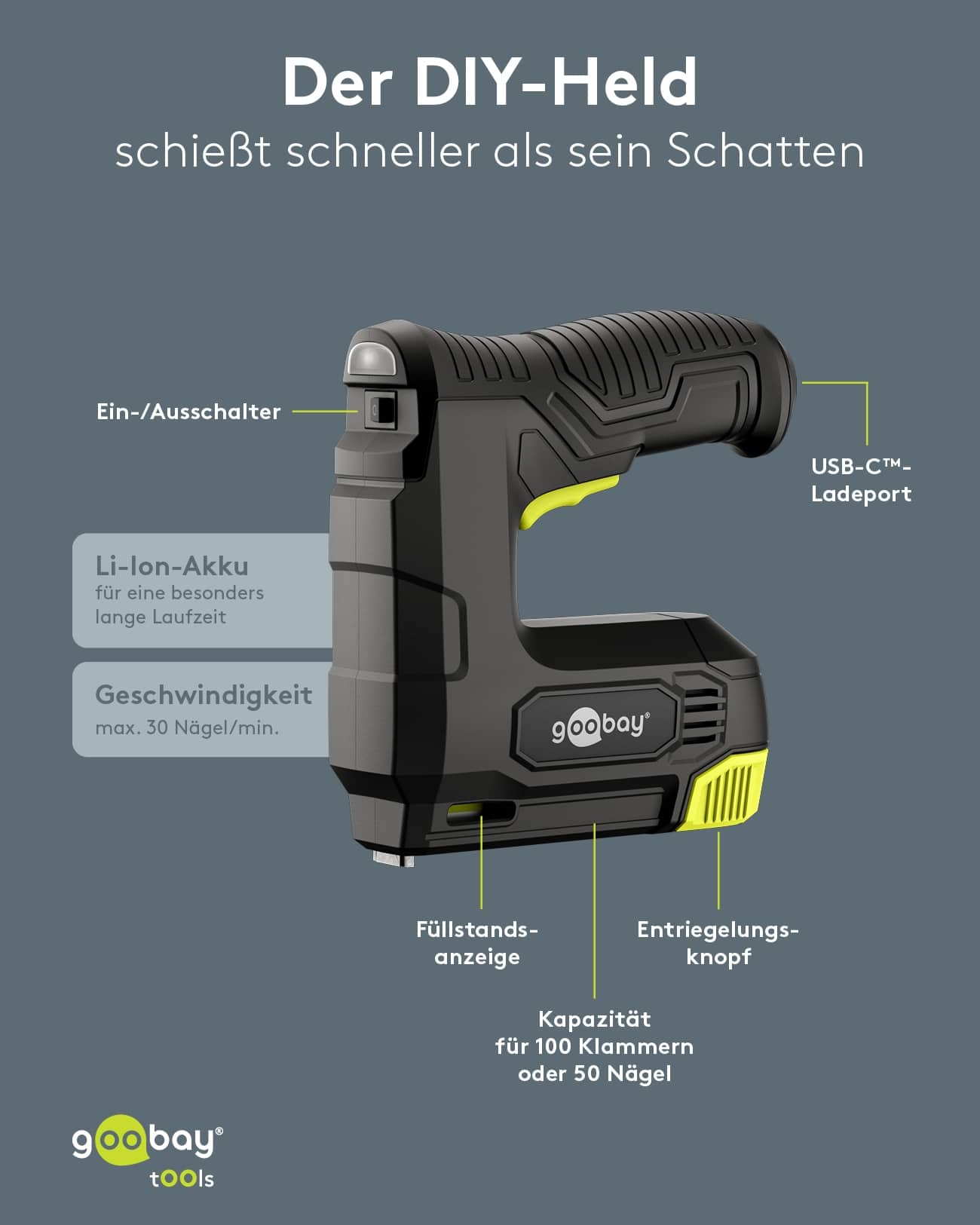 GOOBAY TOOLS 2in1 Akku-Tacker, 77819, mit 2.000 Tackernadeln und 500 Nägeln
