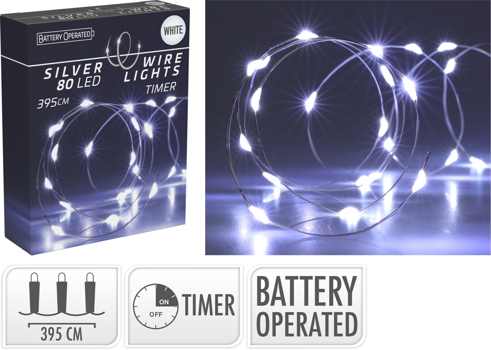 LED-Silberdrahtlichterkette, 80 LEDs, kaltweiß, Batterie, Innen, 4 m, Timer LED-Lichterkette Silberdraht 80 LEDs, kaltweiß, Batteriebetrieb
