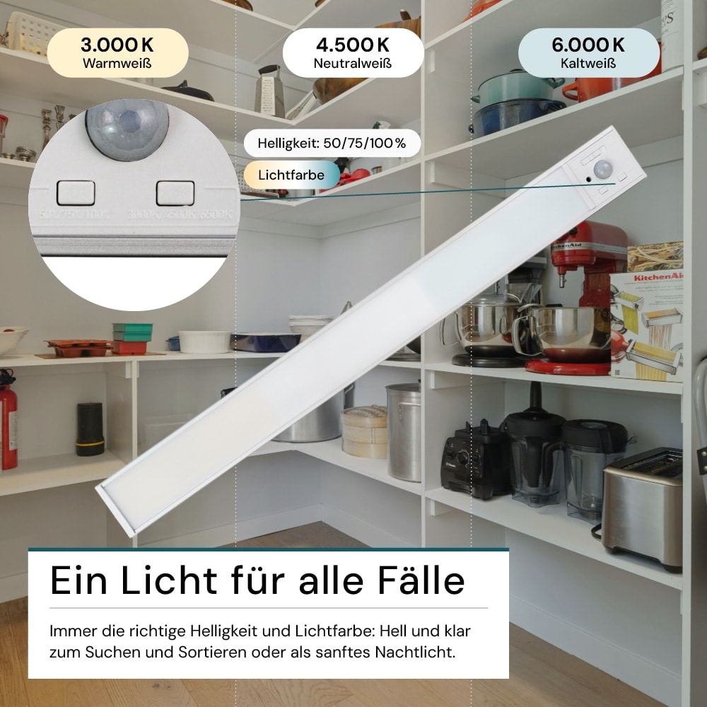 LUXULA LED-Schrankleuchte mit Bewegungsmelder, 4,07W, 140lm, CCT, IP20, silber, 60cm LUXULA LED-Schrankleuchte mit Bewegungsmelder, 4,07W, 1650lm, CCT, IP20, silber, 60cm