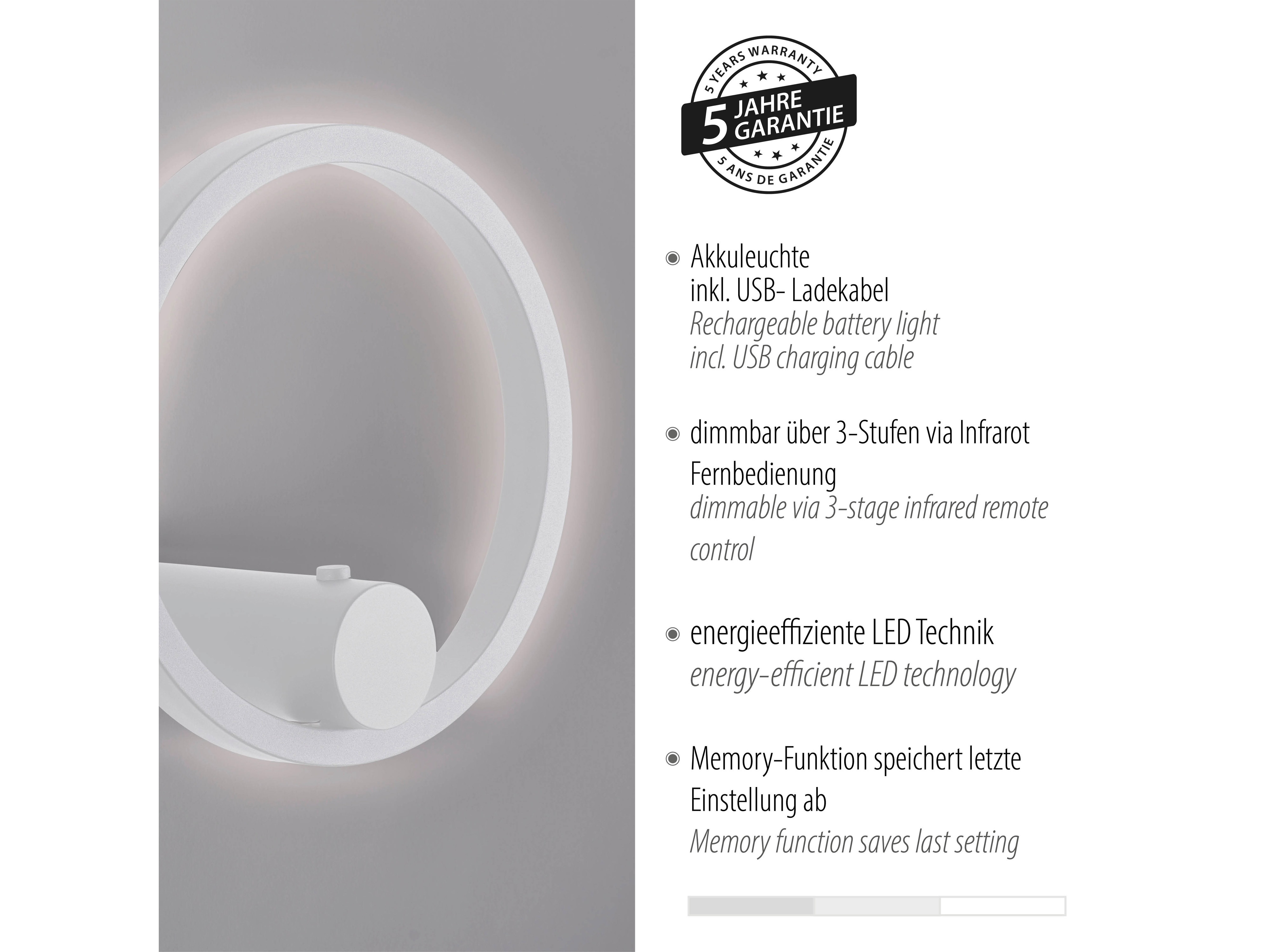 JUST LIGHT LED-Akku Wandleuchte 18280-16, 6W, 660lm, 3000K, weiß