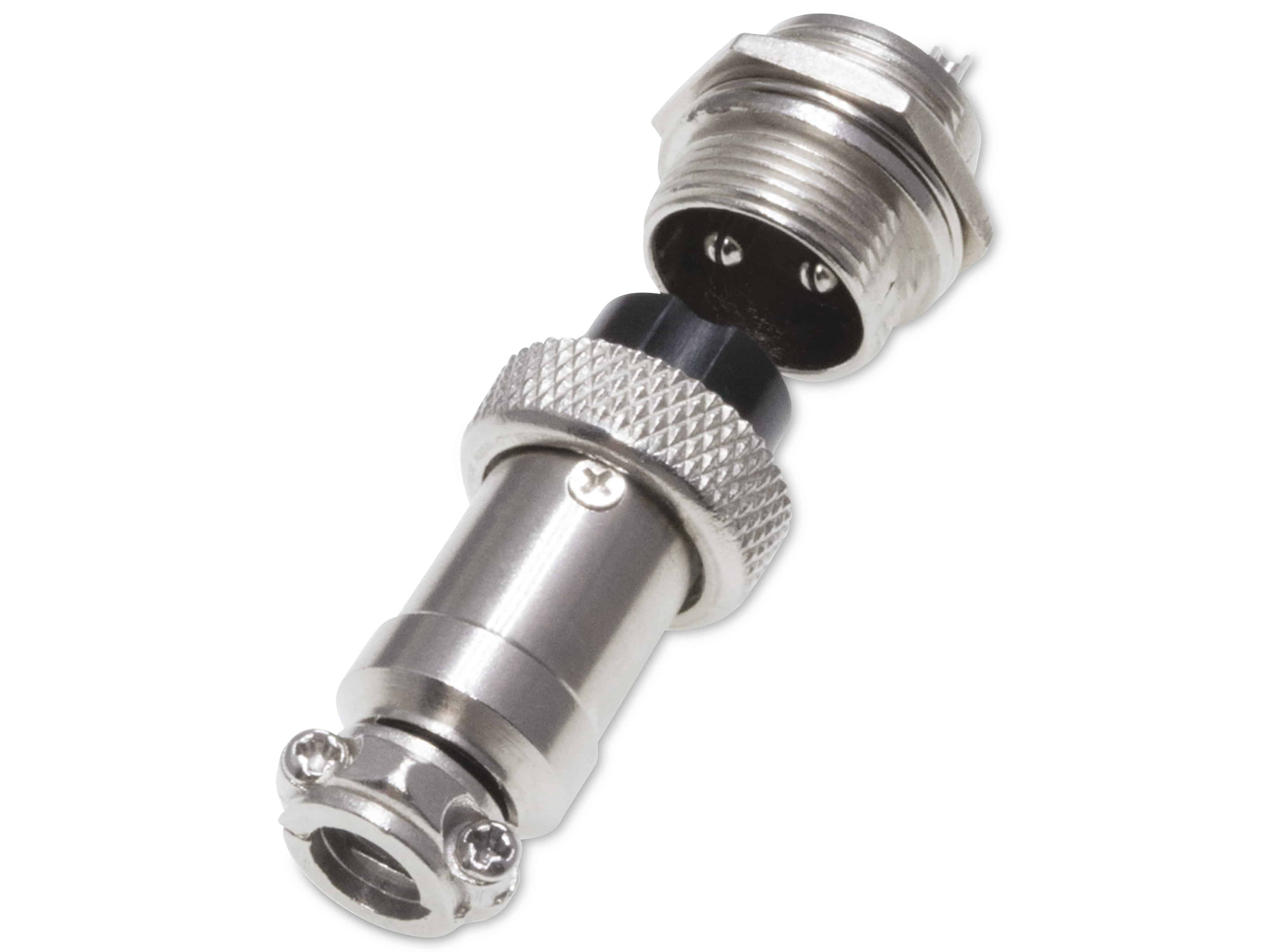 Rundsteckverbinder, 2-polig, 250V, 7A, Lötanschluss, IP55, wire to panel, 1 Stecker + 1 Buchse Rundsteckverbinder, 2-polig, 250V, 7A, Lötanschluss, IP55, wire to panel, 1 Stecker + 1 Buchse