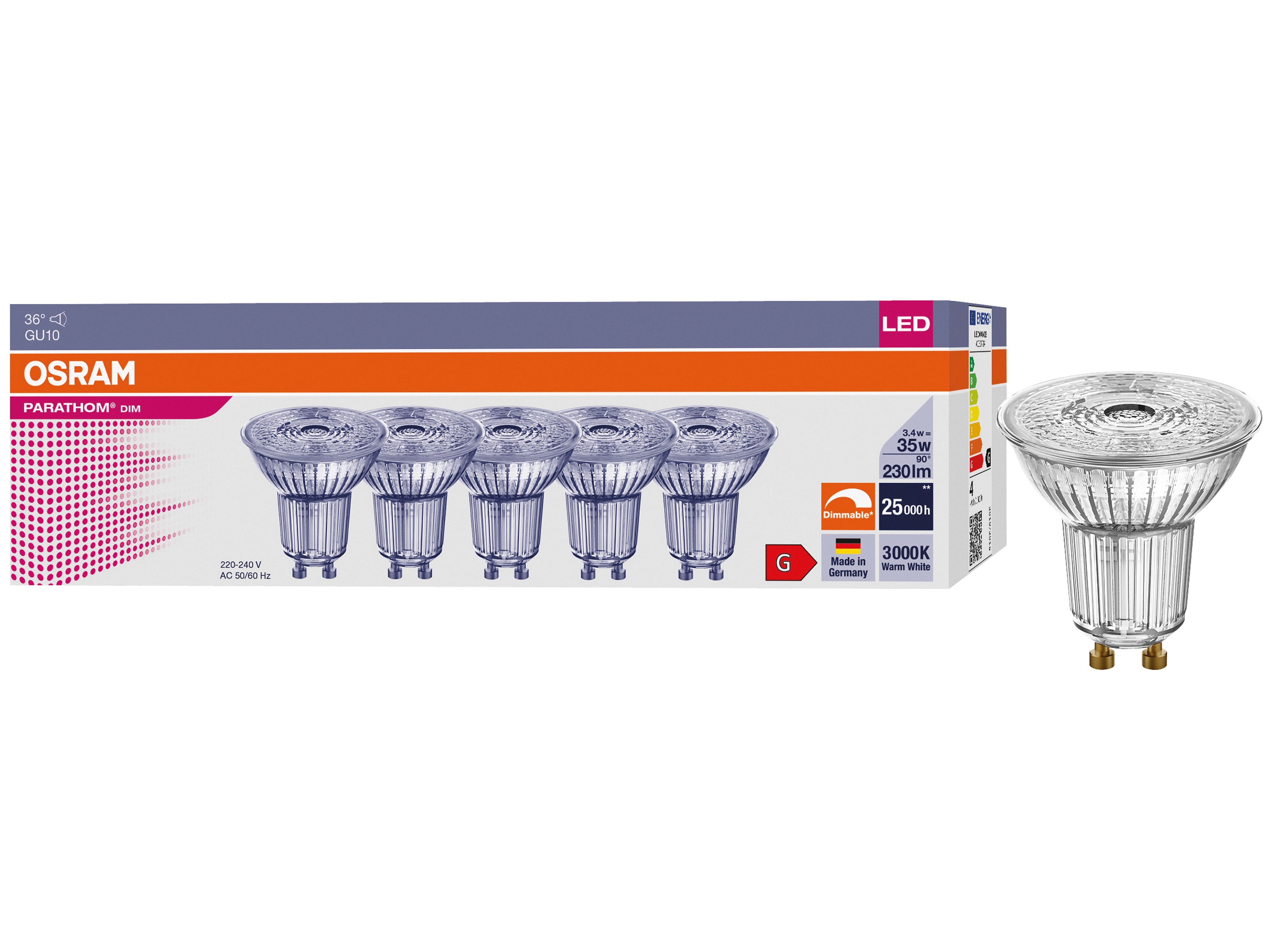 OSRAM LED-Reflektorlampe PARATHOM DIM, PAR16, GU10, EEK: G, 3,4 W, 230 lm, 3000 K, 5 Stück OSRAM LED-Reflektorlampe PARATHOM DIM, PAR16, GU10, EEK: G, 3,4 W, 230 lm, 3000 K, 5 Stück