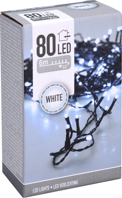LED-Lichterkette, 80 LEDs, kaltweiß, 230 V~, grün, Innen/Außen, 6 m LED-Lichterkette kaltweiß, 80 LEDs, Grünes Kabel, Innen/Außen, 6m